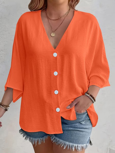 

Women's Three Quarter Sleeve Shirt Spring/Fall Apricot Plain Buckle V Neck Daily Going Out Casual Cardigan, Orange, Blouses & Shirts
