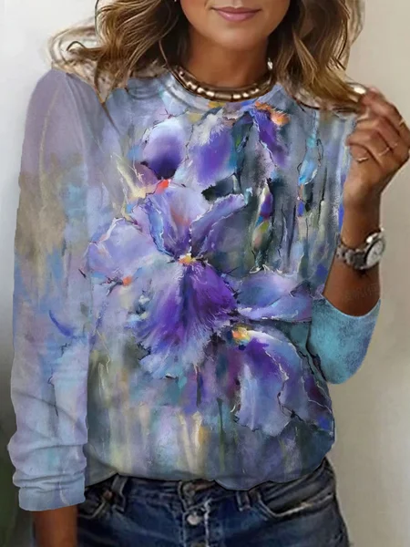 

Women Floral Long Sleeve Tee T-shirt Crew Neck Printing Casual Spring/Fall Graphic Tee Top, Purple, T-Shirts