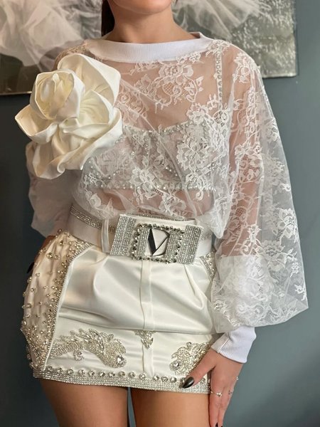

Elegant Plain 3D Floral Crew Neck Blouse, White, Blouses and Shirts