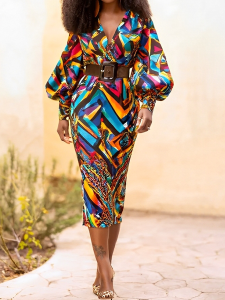 

Elegant Abstract Printing Midi Dress No Belt, As picture, Midi Dresses