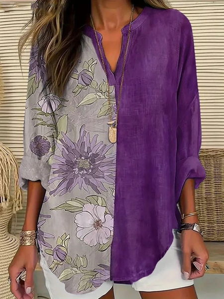 

Women Floral Long Sleeve Blouse Spring/Fall Printing V Neck Daily Casual Top, Purple, Shirts