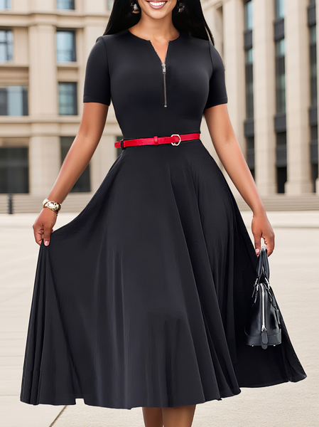 

Casual Plain Zipper V Neck Midi Dress With Belt, Black, Midi Dresses