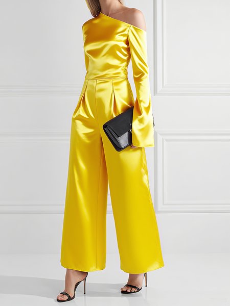 

Urban Split Sleeves Irregular Craftsmanship Plain One Shoulder Jumpsuit, Yellow, Jumpsuits