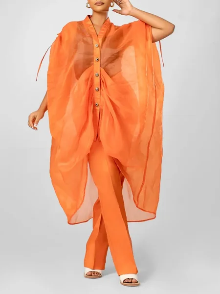 

Elegant Plain Irregular Craftsmanship V Neck Raglan Sleeve Shirt, Orange, Blouses and Shirts