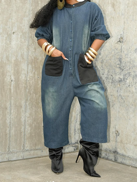 

Casual Color Block Stand Collar Denim Jumpsuit, Denim blue, Jumpsuits
