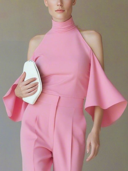 

Elegant Plain Hollow Out Turtleneck Bell Sleeve T-shirt, Pink, Tees