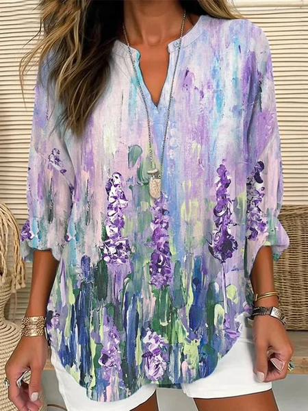 

Women Floral Long Sleeve Blouse Spring/Fall Printing V Neck Daily Casual Top, Purple, Shirts