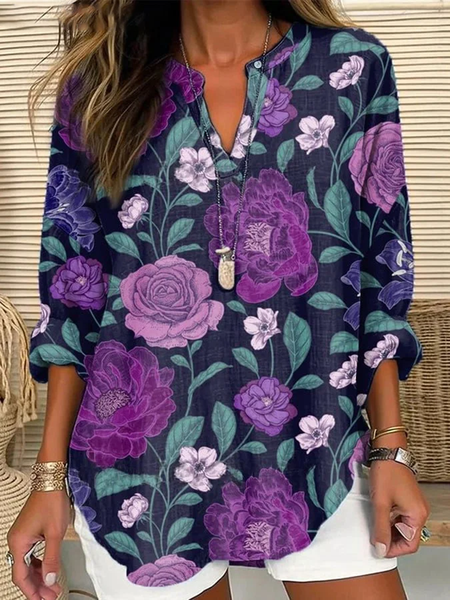 

Women Floral Long Sleeve Blouse Spring/Fall Printing V Neck Daily Casual Top, Purple, Shirts