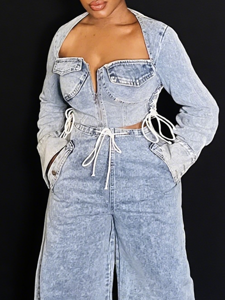 

Casual Plain Denim Top, Denim blue, Tops