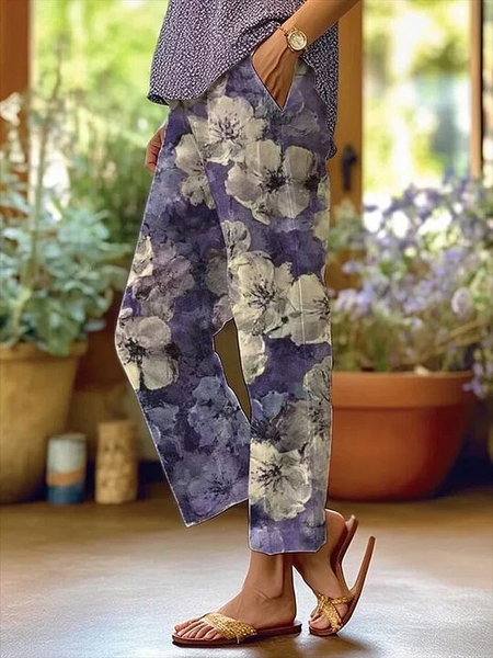 

Women Floral Long Pants Casual Spring/Fall Trousers, Purple, Pants