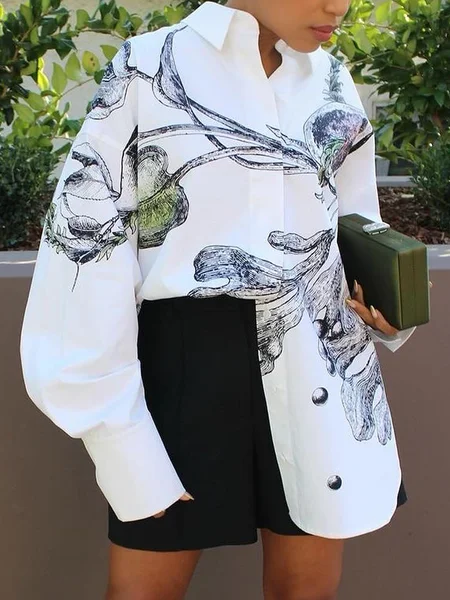 

Urban Random Print Printing Shirt Collar Raglan Sleeve Shirt, White, Blouses and Shirts