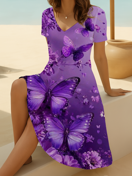 

Women Floral Short Sleeve Summer Printing Dress V Neck Daily Casual Midi Fit & Flare Dress A-Line Dress, Purple, Casual Dresses
