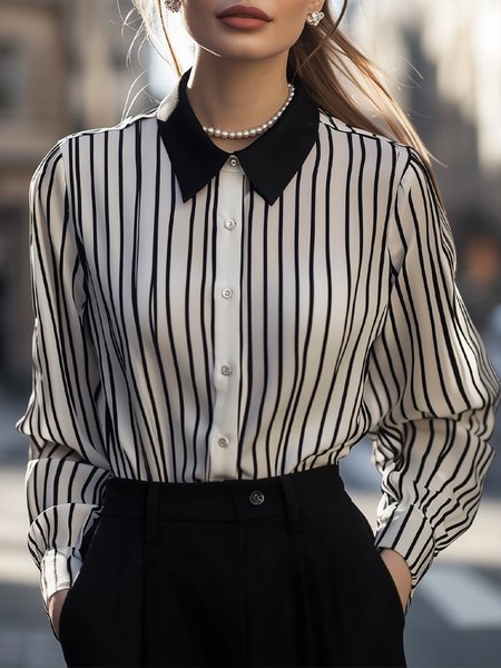 

Urban Striped Printing Shirt Collar Shirt, Black-white, Blouses and Shirts