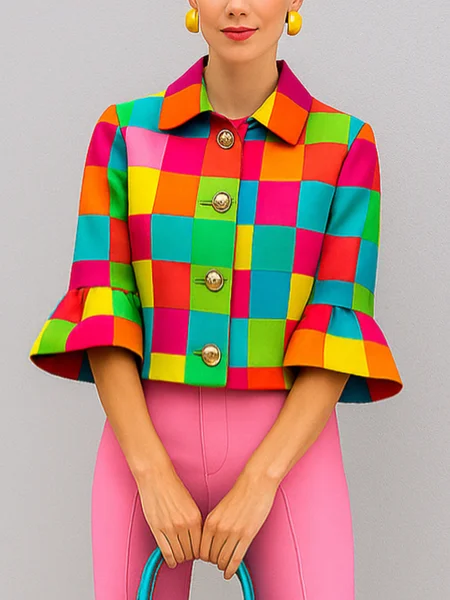 

Elegant Bell Sleeve Printing Plaid Shirt Collar Jacket, As picture, Jackets
