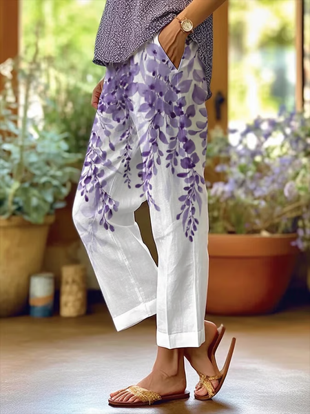 

Women Floral Long Pants Casual Spring/Fall Trousers, White, Pants