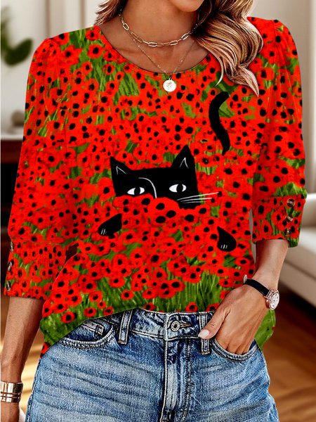 

Casual Floral V Neck Long Sleeve T-shirt, Red, T-shirts