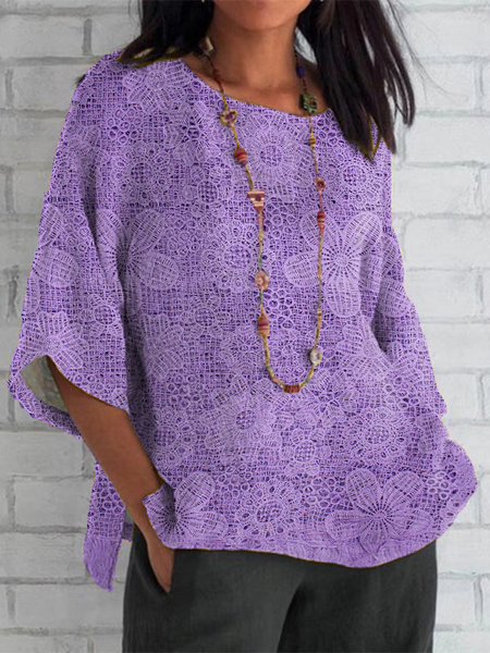 

Casual Floral Crew Neck Half Sleeve T-shirt, Purple, Blouses