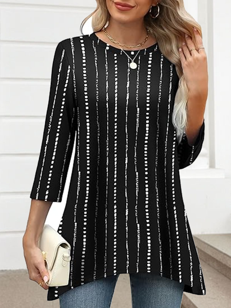 

Casual Striped Crew Neck Three Quarter Sleeve T-shirt, As picture, T-shirts