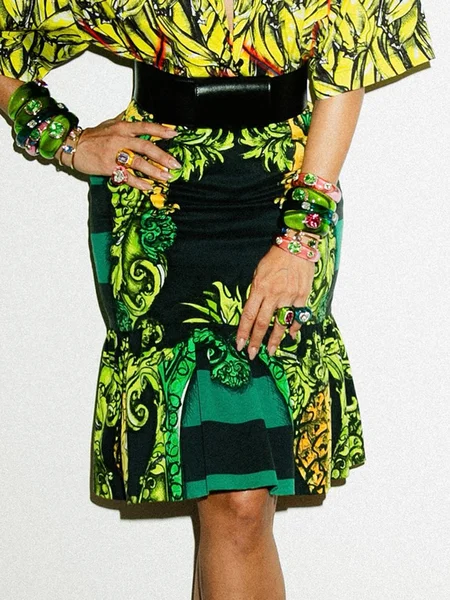 

Elegant Ruched Random Print Knee Length Skirt, Green, Skirts