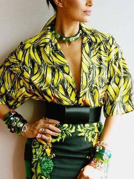 

Elegant Fruit Printing Shirt Collar Raglan Sleeve Shirt, Yellow, Blouses and Shirts