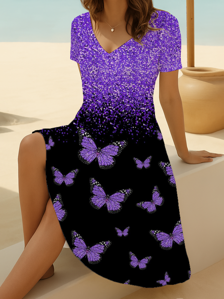 

Women Butterfly Short Sleeve Summer Printing Dress V Neck Daily Casual Midi Fit & Flare Dress A-Line Dress, Black-purple, Casual Dresses
