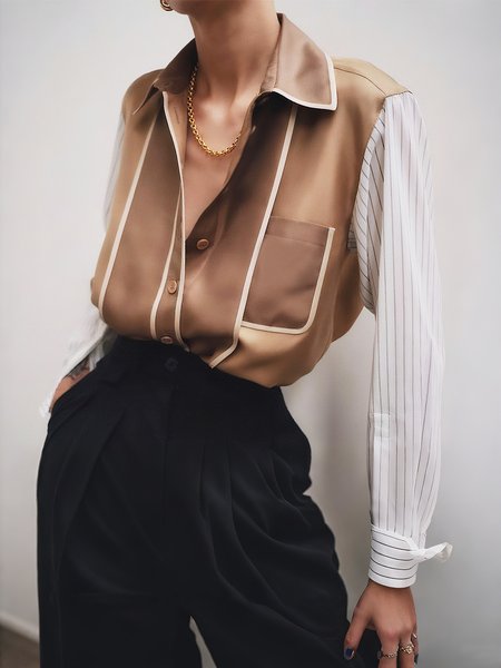 

Urban Color Block Split Joint Shirt Collar Shirt, Khaki, Blouses and Shirts