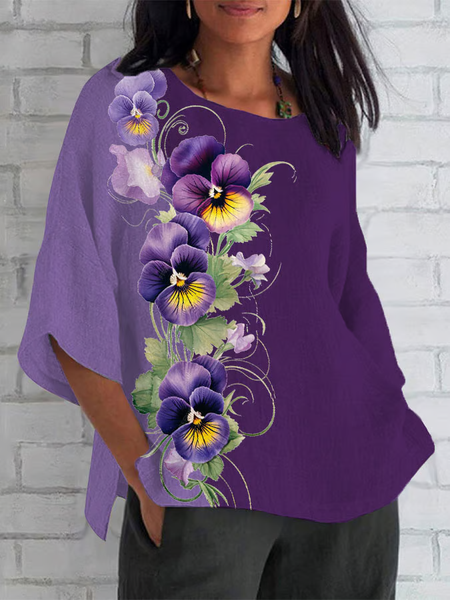 

Casual Floral Crew Neck Half Sleeve T-shirt, Purple, T-shirts