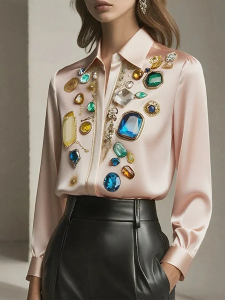

Satin Urban 3D Printing Shirt Collar Shirt, Pink, Blouses and Shirts
