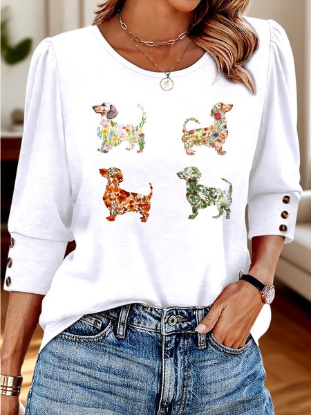 

Casual Floral V Neck Long Sleeve T-shirt, White, T-shirts
