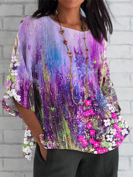 

Casual Floral Crew Neck Half Sleeve T-shirt, Purple, Blouses