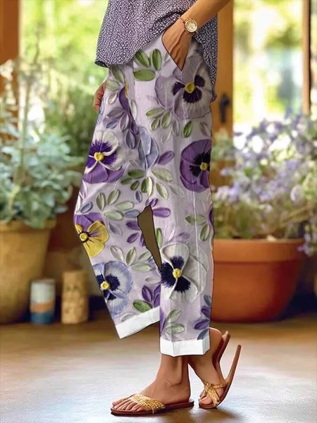 

Women Floral Long Pants Casual Spring/Fall Trousers, Purple, Pants