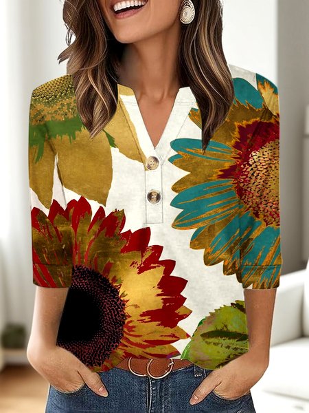

Casual Floral V Neck Three Quarter Sleeve T-shirt, White, T-shirts