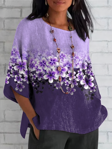 

Women Floral Half Sleeve Tee T-shirt Crew Neck Casual Summer Top, Purple, T-Shirts