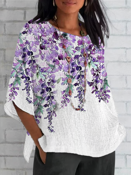 

Casual Floral Crew Neck Half Sleeve T-shirt, White, T-shirts