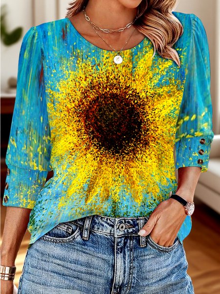 

Casual Floral V Neck Long Sleeve T-shirt, Aqua blue, T-shirts