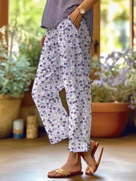 

Women Floral Long Pants Casual Spring/Fall Trousers, White, Pants