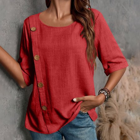 

Women's Half Sleeve Blouse Summer Army Green Plain Split Joint Linen Crew Neck Daily Going Out Casual Top, Red, Blouses & Shirts