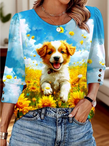 

Casual Floral V Neck Long Sleeve T-shirt, Sky blue, T-shirts