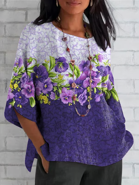

Women Floral Half Sleeve Tee T-shirt Crew Neck Casual Summer Top, Purple, T-Shirts