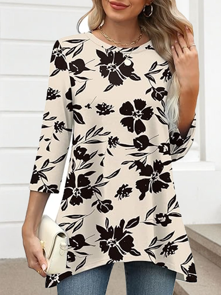 

Casual Floral Crew Neck Three Quarter Sleeve T-shirt, As picture, T-shirts