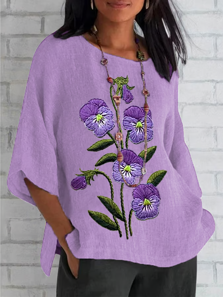 

Women Floral Half Sleeve Tee T-shirt Crew Neck Casual Summer Top, Lavender, T-Shirts