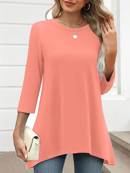 

Casual Plain Crew Neck Three Quarter Sleeve T-shirt, Pink, T-shirts