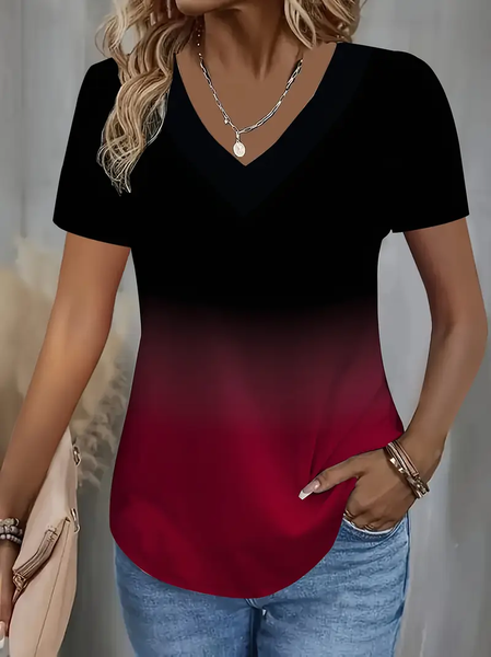 

Women Ombre Short Sleeve Tee T-shirt V Neck Printing Casual Summer Graphic Tee Top, Black-red, T-Shirts