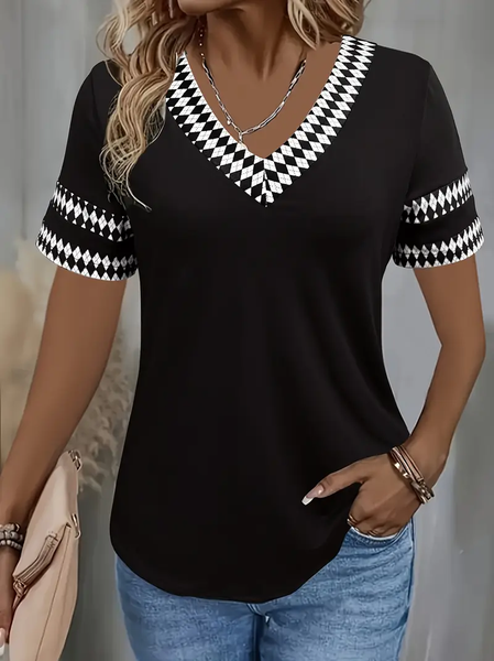 

Women Geometric Short Sleeve Tee T-shirt V Neck Printing Casual Summer Graphic Tee Top, Black, T-Shirts