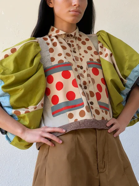 

Casual Polka Dots Printing Shirt Collar Balloon Sleeve Shirt, As picture, Blouses and Shirts