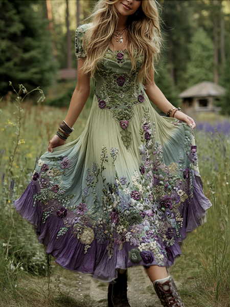 

Women Floral Summer Dress Crew Neck Short Sleeve A-Line Dress, Green, Dresses