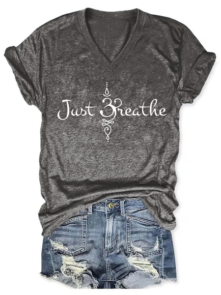 

Casual Text Letters V Neck Short Sleeve T-shirt, Light gray, T-shirts