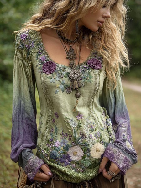 

Casual Floral Square Neck Long Sleeve T-shirt, Green, T-shirts