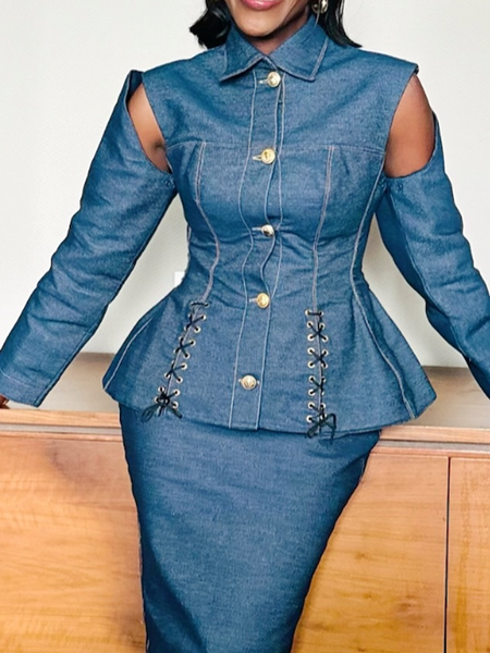 

Urban Off Shoulder Sleeve Hollow Out Plain Denim Coat, Denim blue, Jackets