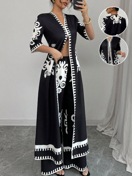 

Elegant Printing Floral V Neck Kimono, Black, Kimonos